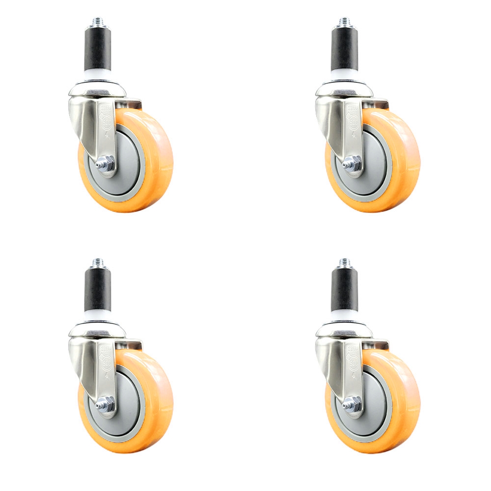 Polyurethane Swivel Stem Caster with 4 in. Yellow Caster Wheels, 1.38 in. Expanding Stems - 316 Stainless Steel Casters - Set of 4