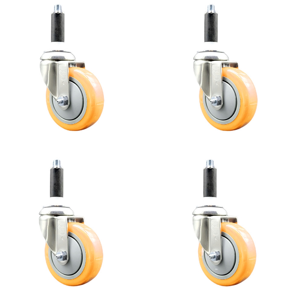 Polyurethane Swivel Stem Caster with 4 in. Yellow Caster Wheels, 0.87 in. Expanding Stems - 316 Stainless Steel Casters - Set of 4