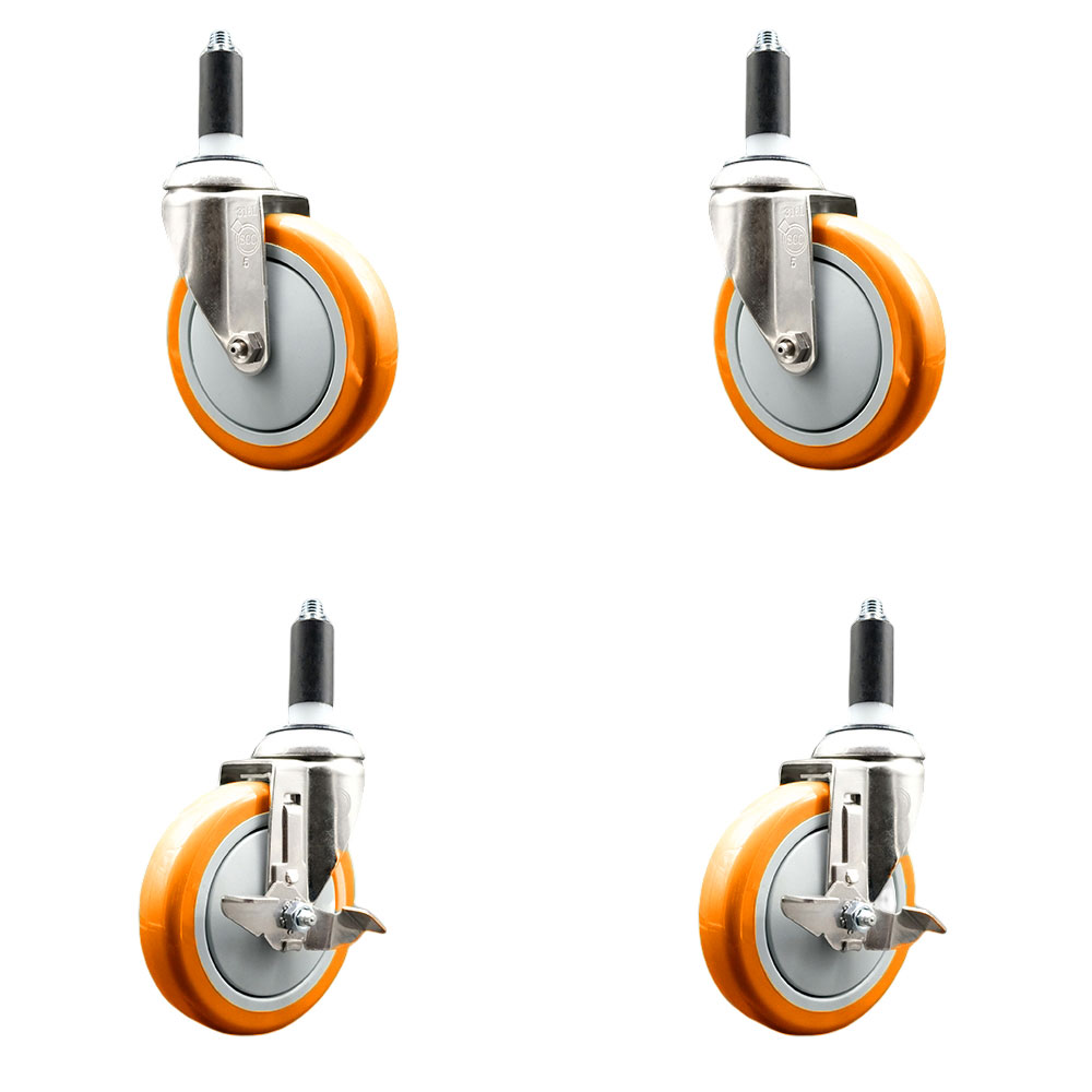 Polyurethane Swivel Stem Caster with 5 in. Orange Caster Wheels, 1 in. Expanding Stems - 316 Stainless Steel Casters - Set of 4