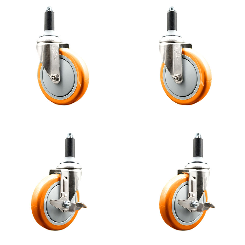 Polyurethane Swivel Stem Caster with 5 in. Orange Caster Wheels, 1.13 in. Expanding Stems - 316 Stainless Steel Casters - Set of 4