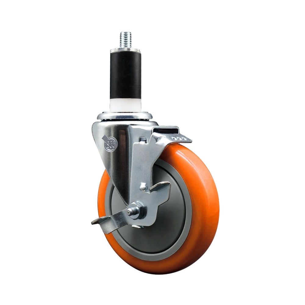 Polyurethane Swivel Stem Caster with 5 in. Orange Caster Wheels & Top Lock Brake, 1.38 in. Expanding Stem - 316 Stainless Steel Caster