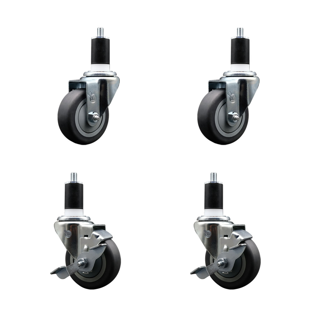 Stainless Steel Thermoplastic Rubber Swivel Expanding Stem Caster with 3.5 in. Gray Wheels & 1.5 in. Stems 2 with Top Locking Brakes - Set of 4