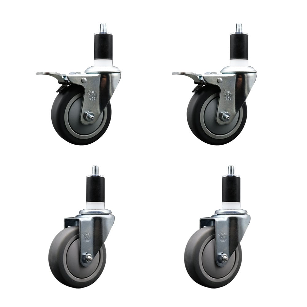 Stainless Steel Thermoplastic Rubber Swivel Expanding Stem Caster with 4 in. Gray Wheels & 1.5 in. Stems 2 with Total Locking Brakes - Set of 4