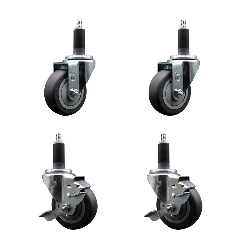 Stainless Steel Thermoplastic Rubber Swivel Expanding Stem Caster with 3.5 in. Gray Wheels & 1.13 in. Stems 2 with Top Locking Brakes - Set of 4