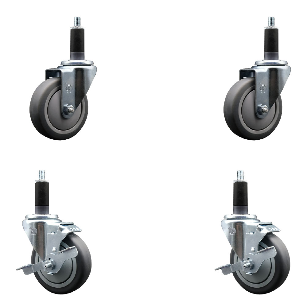 Stainless Steel Thermoplastic Rubber Swivel Expanding Stem Caster with 4 in. Gray Wheels & 1.13 in. Stems 2 with Top Locking Brakes - Set of 4