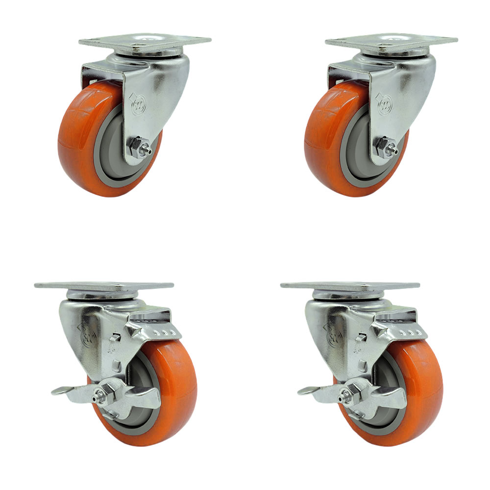 SCC-20S3514-PPUB-ORG-2-TLB-2 Polyurethane Swivel Top Plate Caster with 3.5 in. Orange Wheels - Set of 4