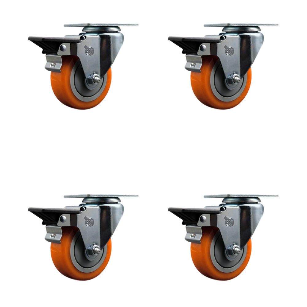 SCC-20S3514-PPUB-ORG-PLB-4 Polyurethane Swivel Top Plate Caster with 3.5 in. Orange Wheels - Set of 4