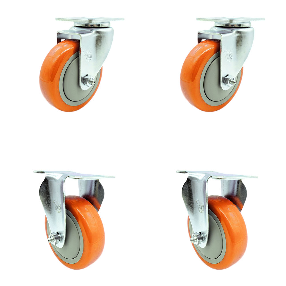 SCC-20S414-PPUB-ORG-TP3-2-R-2 Swivel Caster with 2 Rigid Casters, 4 in. Orange Polyurethane Wheel - 4 x 4.5 in. Overall Top Plate - Set of 4