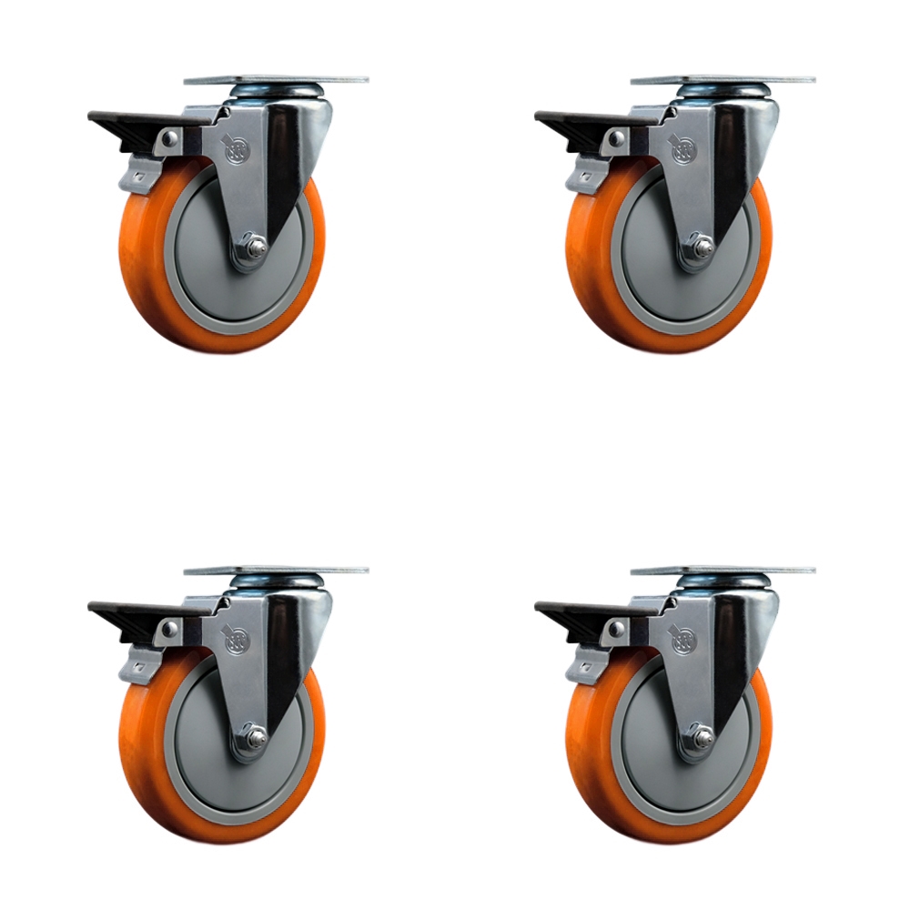 SCC-20S514-PPUB-ORG-PLB-4 Polyurethane Swivel Top Plate Caster with 5 in. Orange Wheels - Set of 4