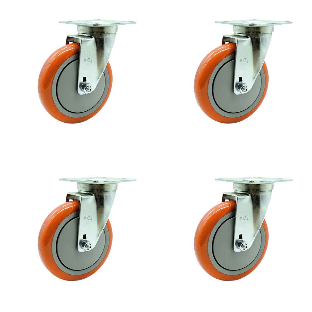 SCC-20S514-PPUB-ORG-TPU1-4 Universal Kitchen Casters 5 x 1.25 in. Polyurethane Orange Wheel Swivel Casters - Non Marking - Set of 4