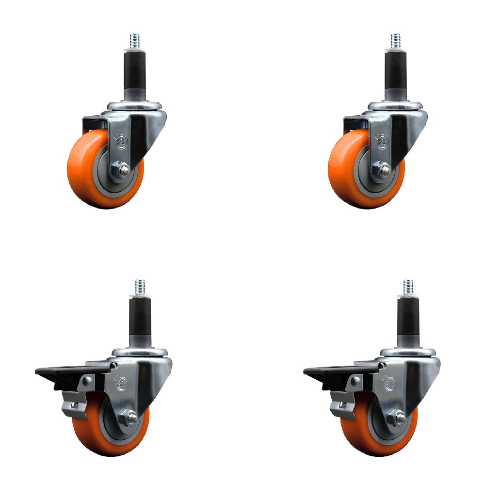SCC-EX20S314-PPUB-ORG-2-PLB-2-118 Polyurethane Swivel Expanding Stem Caster with 3 in. Orange Wheels & 1.13 in. Stems - Set of 4