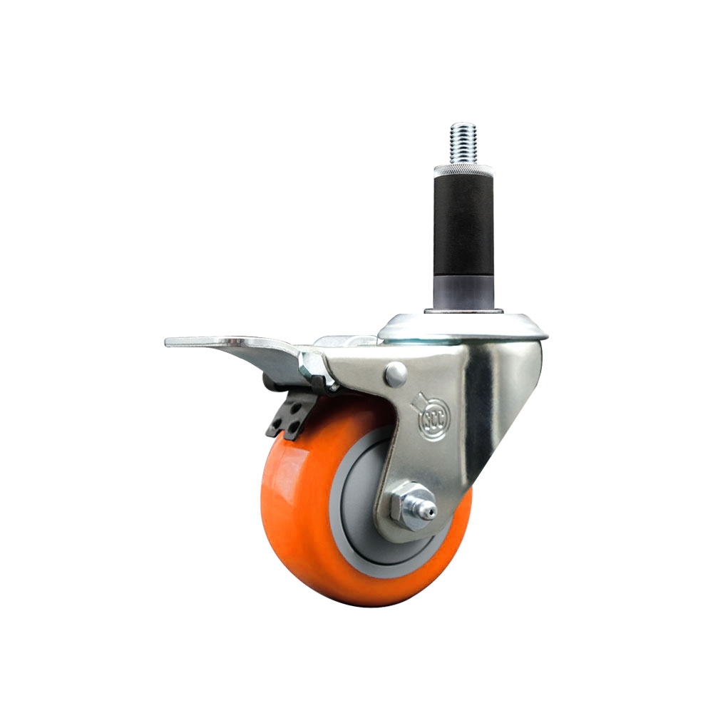 Stainless Steel Polyurethane Expanding Stem Swivel Caster with 3 in. Orange Wheel & 1.13 in. Stem & Total Locking Brake