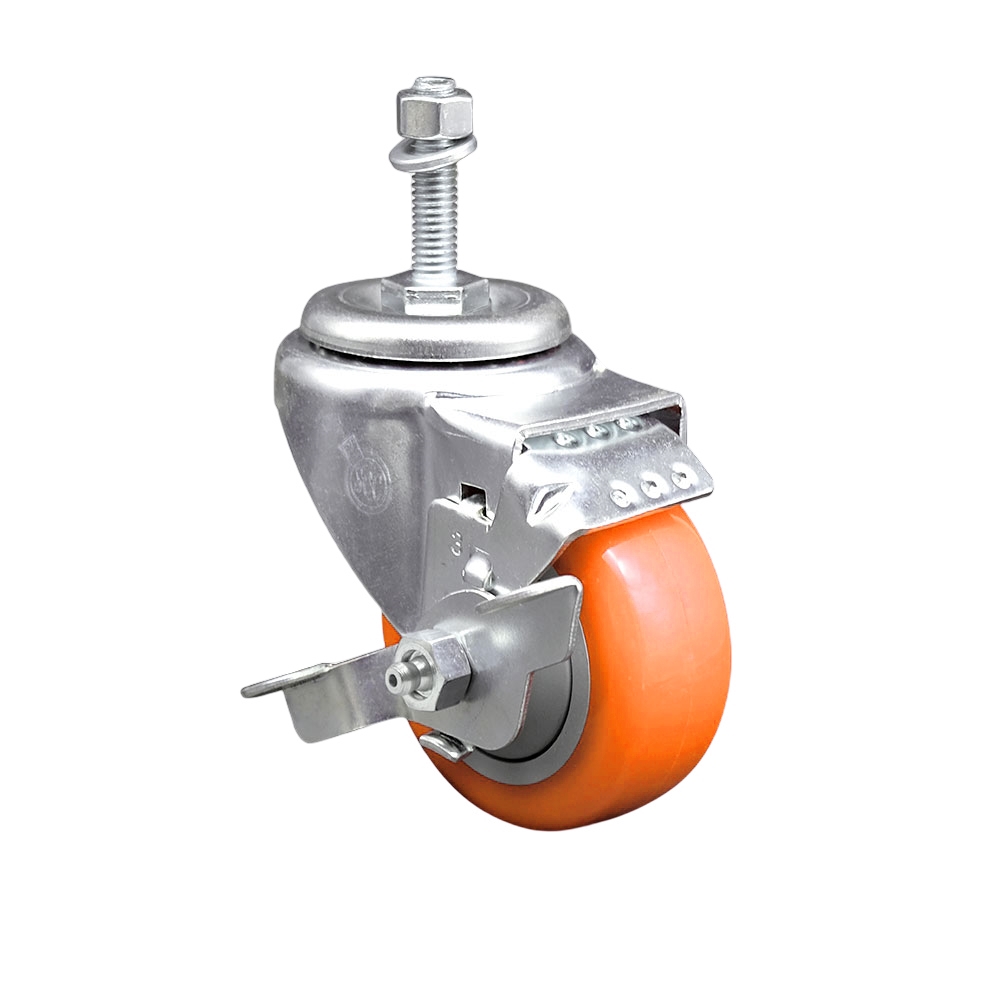 Stainless Steel Polyurethane Swivel Threaded Stem Caster with 3 x 1.25 in. Orange Wheel & 10 mm Stem & Top Locking Brake