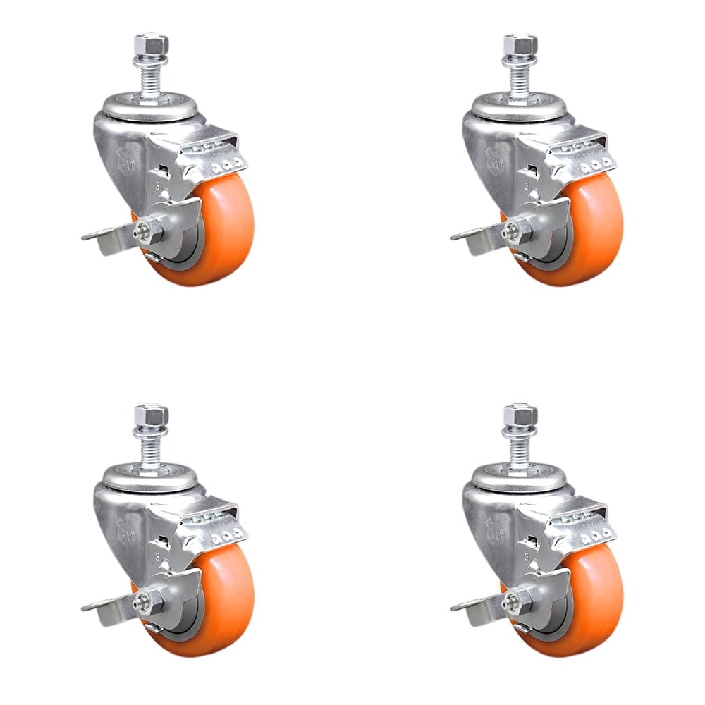 Stainless Steel Polyurethane Swivel Threaded Stem Caster with 3.5 x 1.25 in. Orange Wheels & 0.5 in. Stems - Set of 4