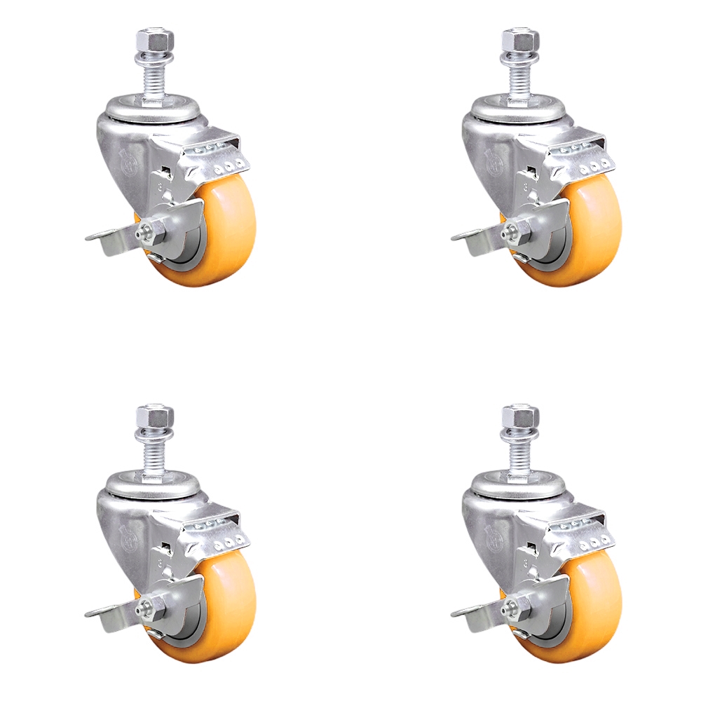 Stainless Steel Polyurethane Swivel Threaded Stem Caster with 3.5 x 1.25 in. Yellow Wheels & 12 mm Stems - Set of 4
