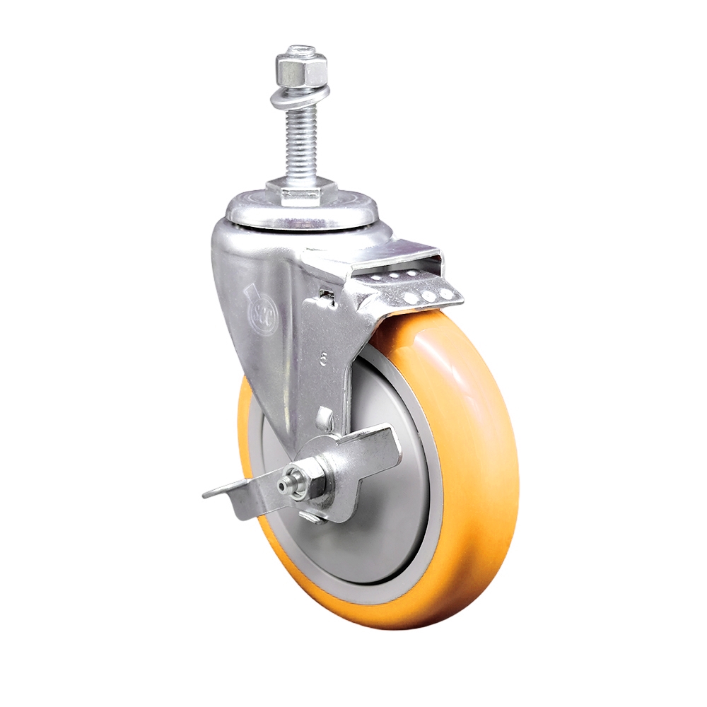 Stainless Steel Polyurethane Swivel Threaded Stem Caster with 5 x 1.25 in. Yellow Wheel & 0.38 in. Stem & Top Locking Brake