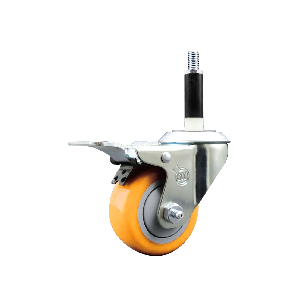 Stainless Steel Polyurethane Swivel Caster - Yellow - 3 in. Wheel - Total Locking Brake