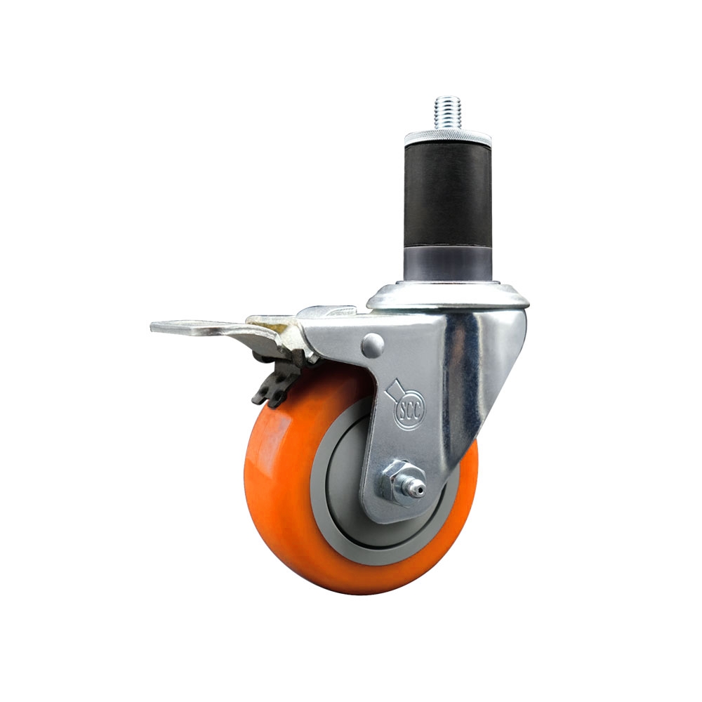 Stainless Steel Polyurethane Expanding Stem Swivel Caster with 3.5 in. Orange Wheel & 1.63 in. Stem & Total Locking Brake