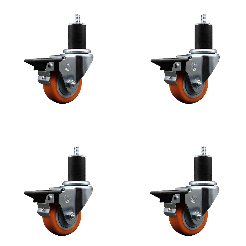 SCC-EX20S314-PPUB-ORG-PLB-134-4 Polyurethane Swivel Expanding Stem Caster with 3 in. Orange Wheels & 1.75 in. Stems - Set of 4