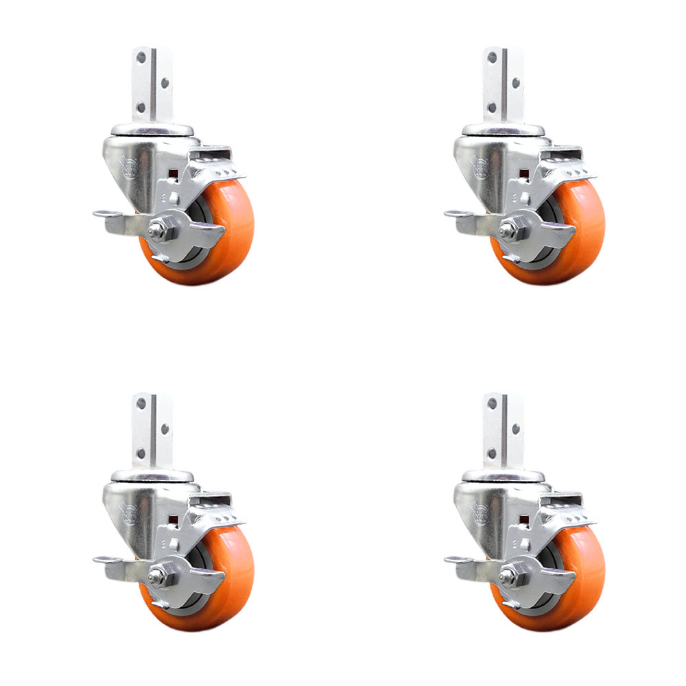 Swivel Square Stem Caster with 3 x 1.25 in. Orange Poly Wheel, 0.75 x 2 in. Square Stem with 3 0.26 in. Diameter Mounting Holes - Set of 4