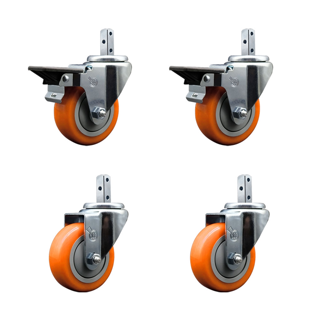 Swivel Square Stem Caster with 3.5 x 1.25 in. Orange Poly Wheel, 0.75 x 2 in. Square Stem with 3 0.26 in. Diameter Mounting Holes - Set of 4