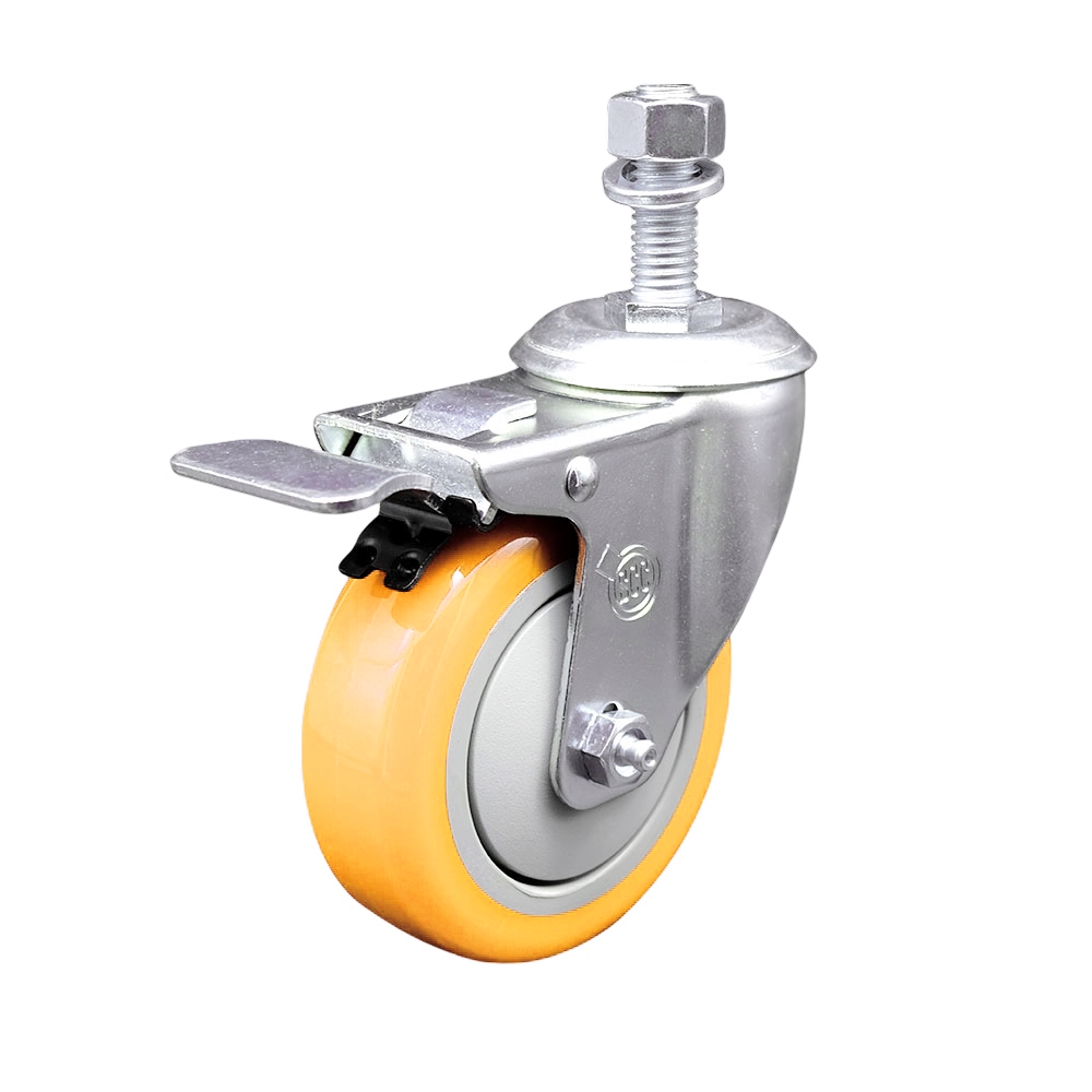 SCC-TSTTL20S414-PPUB-YEL-M1215 Polyurethane Swivel Threaded Stem Caster with 4 x 1.25 in. Yellow Wheel & 12 mm Stem & Total Locking Brake