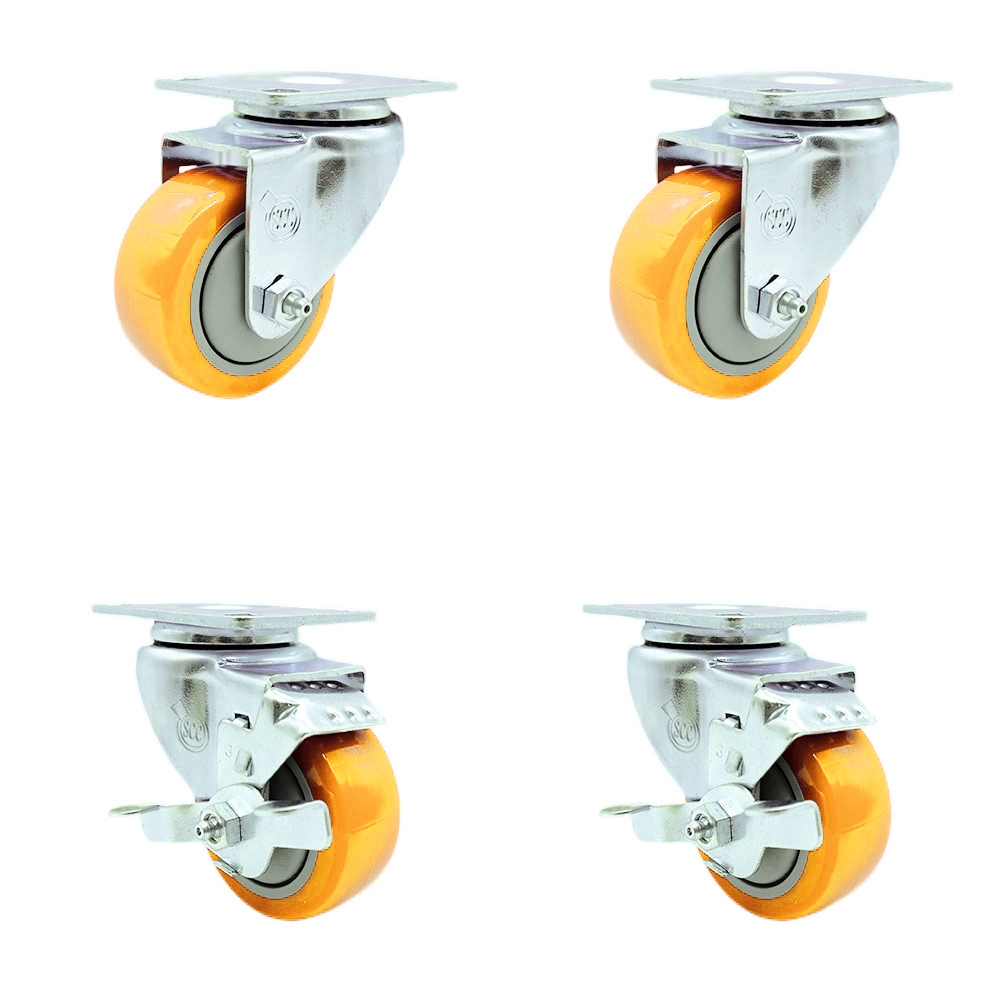 SCC-SS20S314-PPUB-YEL-2-TLB-2 Stainless Steel Polyurethane Swivel Top Plate Caster with 3 x 1.25 in. Yellow Wheels - Set of 4
