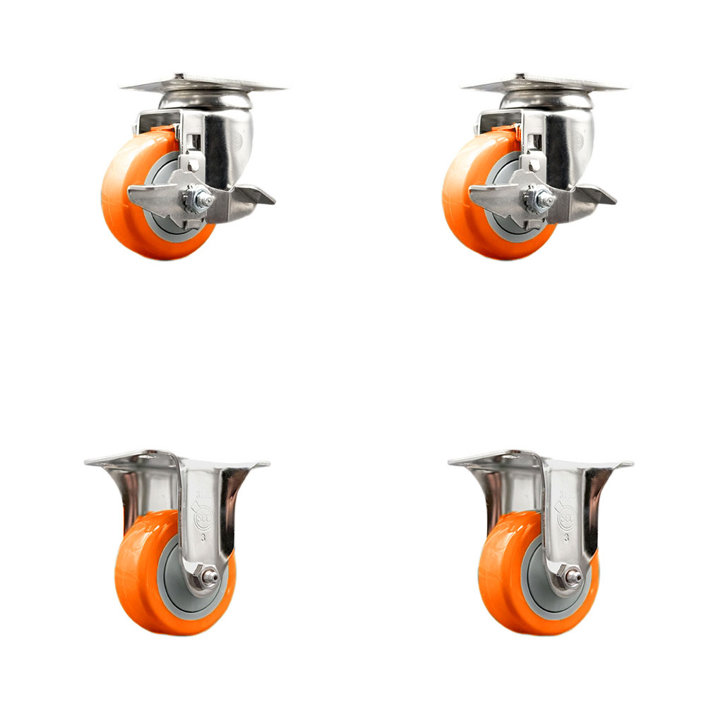 SCC-SS31620S314-PPUB-ORG-TLB-2-R-2 Polyurethane Swivel Top Plate Caster with 3 in. 316 Stainless Steel Orange Wheels - Set of 4