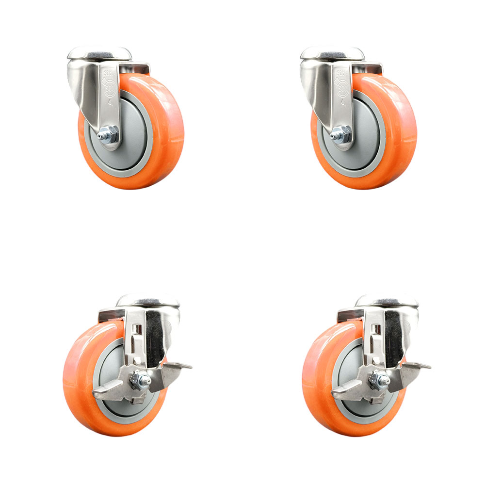 SCC-SS316BH20S414-PPUB-ORG-2-TLB-2 Polyurethane Swivel Bolt Hole Caster with 4 in. Orange Caster Wheels - 316 Stainless Steel Casters - Set of 4