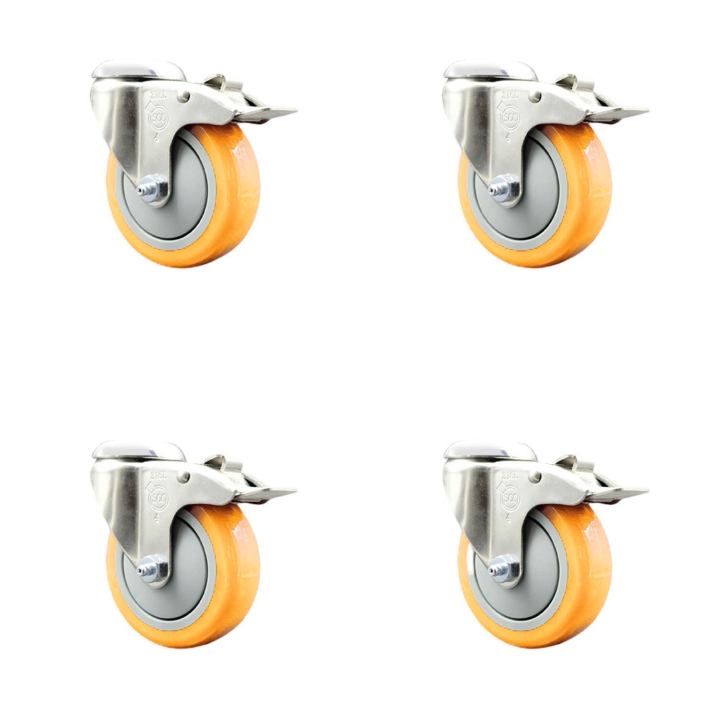 SCC-SS316BHTTL20S414-PPUB-YEL-4 Polyurethane Swivel Bolt Hole Caster with 4 in. Yellow Caster Wheels - 316 Stainless Steel Caster - Set of 4