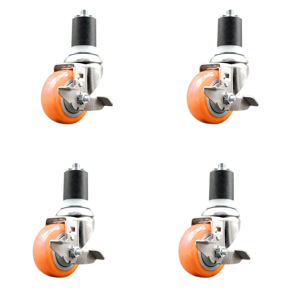 Polyurethane Swivel Stem Caster with 3 in. Orange Caster Wheels, 1.87 in. Expanding Stems - 316 Stainless Steel Casters - Set of 4