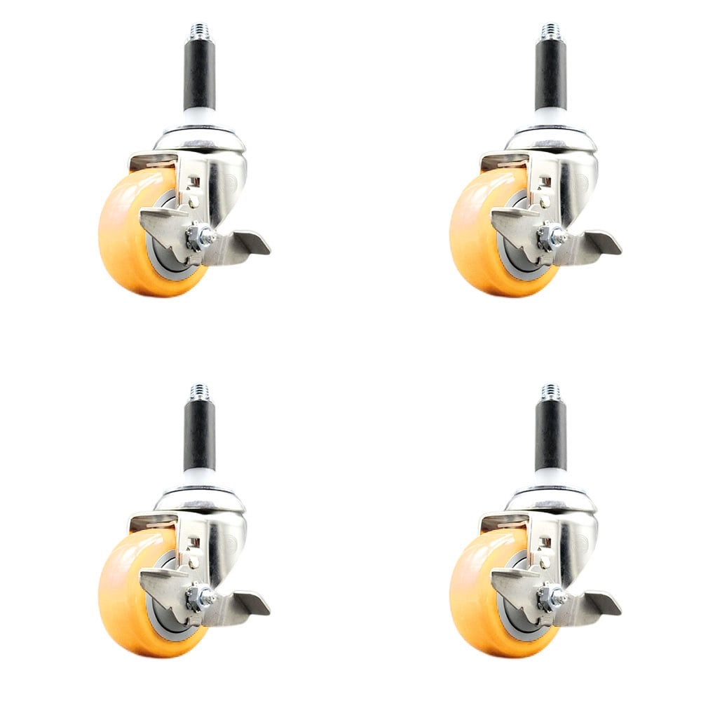 Polyurethane Swivel Stem Caster with 3 in. Yellow Caster Wheels, 0.87 in. Expanding Stems - 316 Stainless Steel Casters - Set of 4