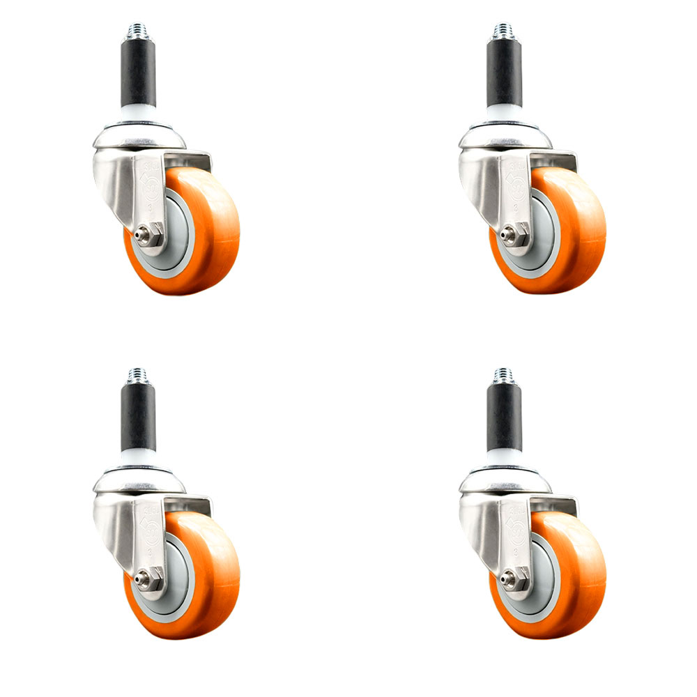 Polyurethane Swivel Stem Caster with 3.5 in. Orange Caster Wheels, 1.13 in. Expanding Stems - 316 Stainless Steel Casters - Set of 4