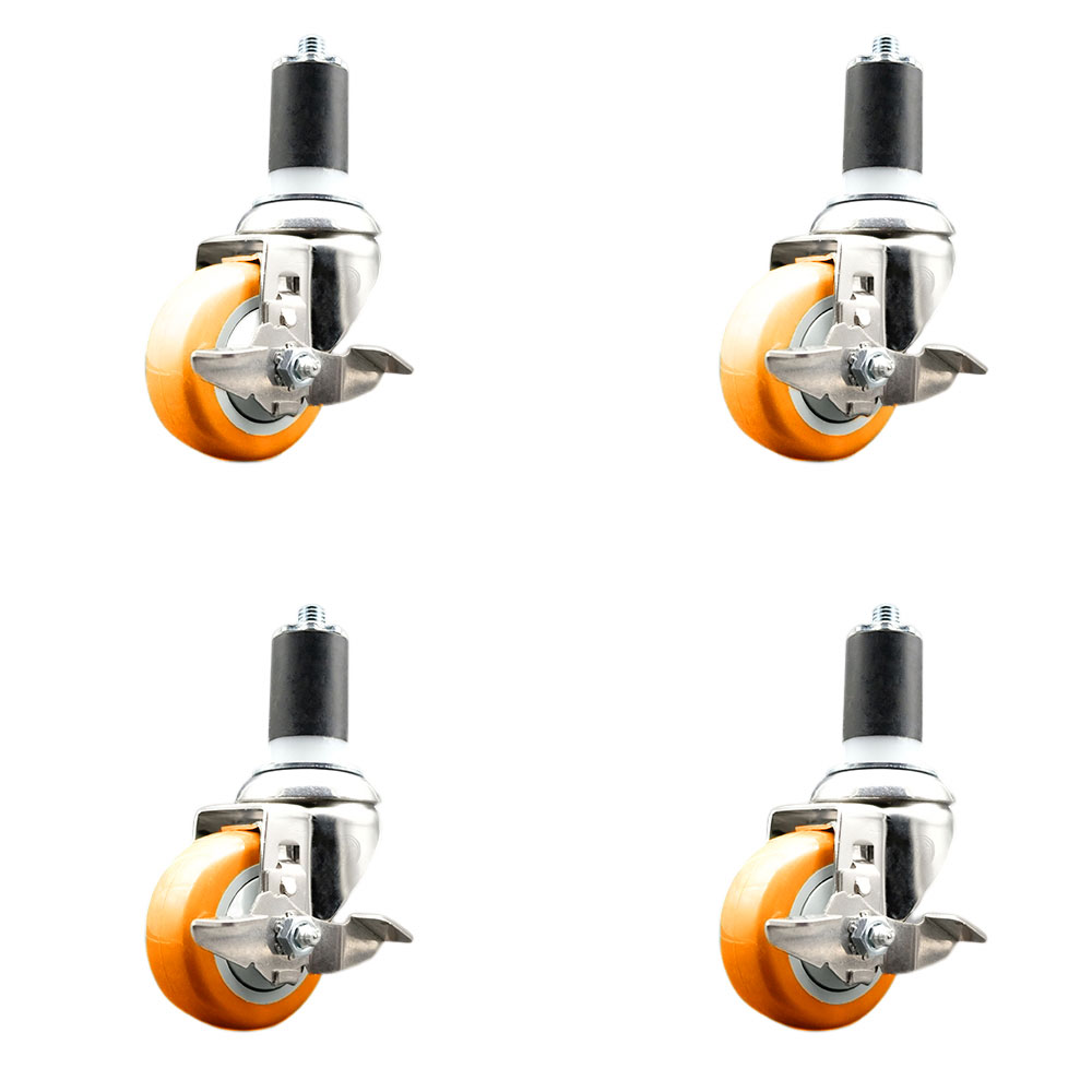 Polyurethane Swivel Stem Caster with 3.5 in. Orange Caster Wheels, 1.5 in. Expanding Stems - 316 Stainless Steel Casters - Set of 4