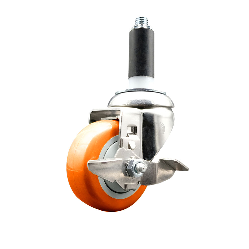 Polyurethane Swivel Stem Caster with 3.5 in. Orange Caster Wheels & Top Lock Brake, 1.13 in. Expanding Stem - 316 Stainless Steel Caster