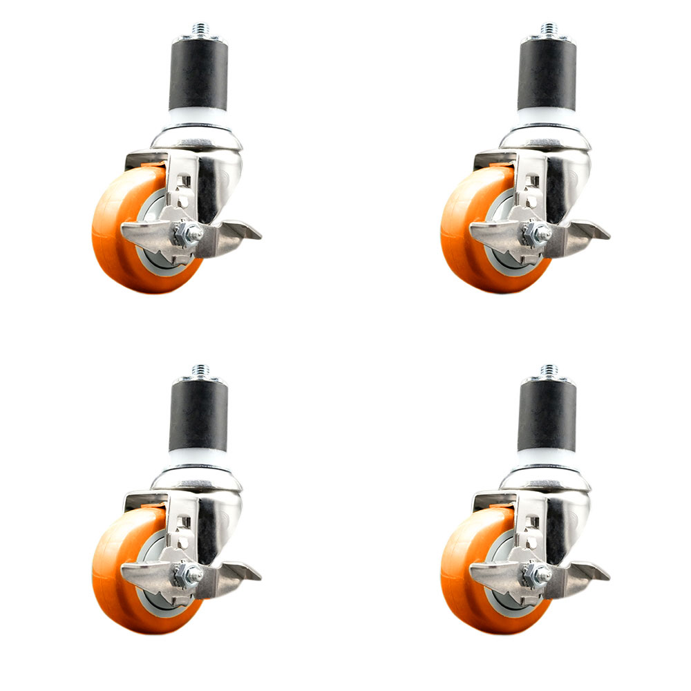 Polyurethane Swivel Stem Caster with 3.5 in. Orange Caster Wheels, 1.75 in. Expanding Stems - 316 Stainless Steel Casters - Set of 4