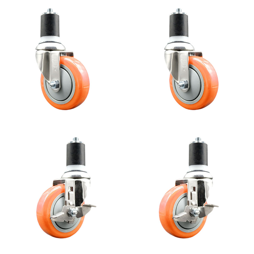 Polyurethane Swivel Stem Caster with 4 in. Orange Caster Wheels, 1.87 in. Expanding Stems - 316 Stainless Steel Casters - Set of 4