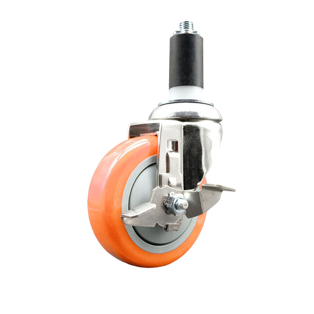 Polyurethane Swivel Stem Caster with 4 in. Orange Caster Wheels & Top Lock Brake, 1.25 in. Expanding Stem - 316 Stainless Steel Caster