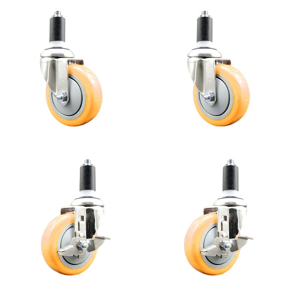 Polyurethane Swivel Stem Caster with 4 in. Yellow Caster Wheels, 1.25 in. Expanding Stems - 316 Stainless Steel Casters - Set of 4