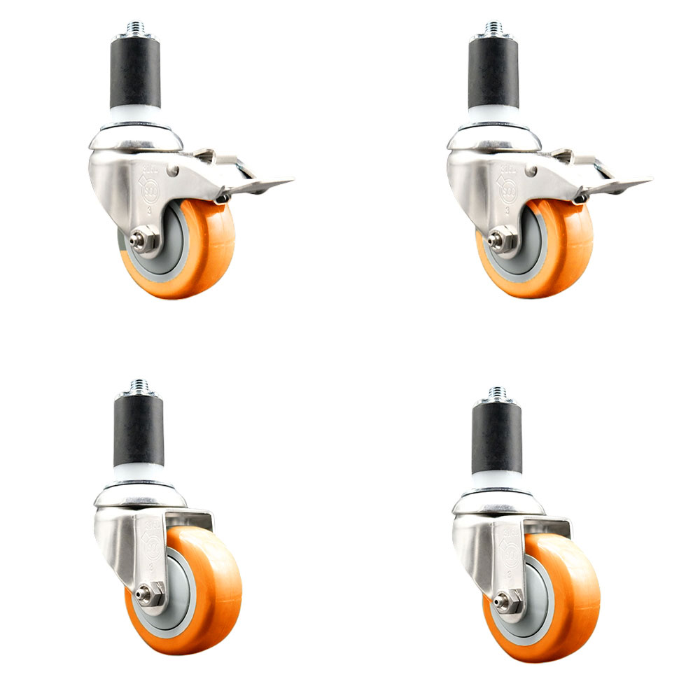 Polyurethane Swivel Stem Caster with 3 in. Orange Caster Wheels, 1.5 in. Expanding Stem - 316 Stainless Steel Casters - Set of 4