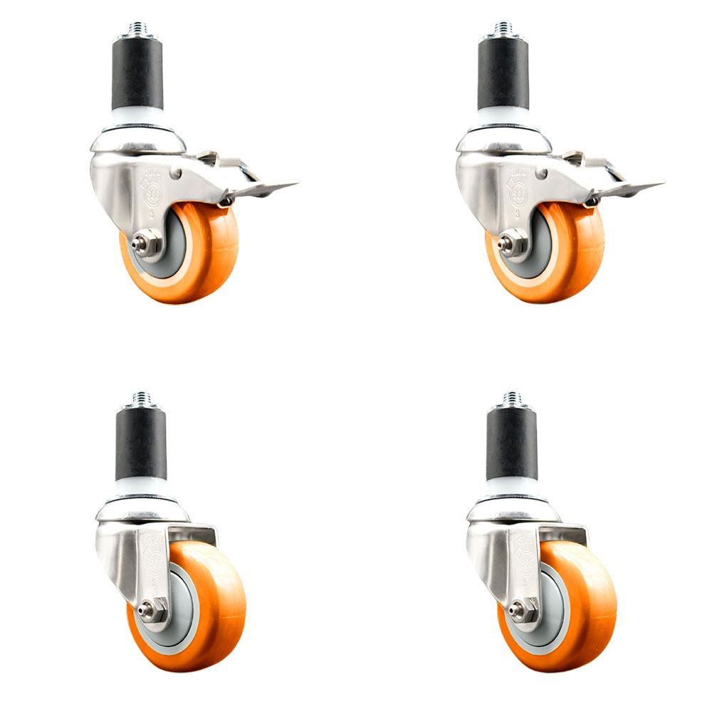Polyurethane Swivel Stem Caster with 3.5 in. Orange Caster Wheels, 1.63 in. Expanding Stem - 316 Stainless Steel Casters - Set of 4