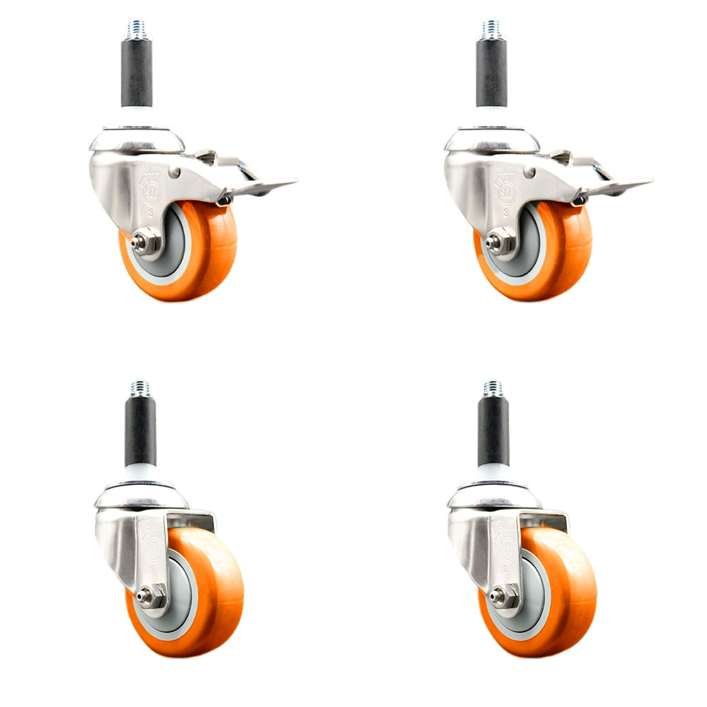 Polyurethane Swivel Stem Caster with 3.5 in. Orange Caster Wheels, 0.87 in. Expanding Stem - 316 Stainless Steel Casters - Set of 4