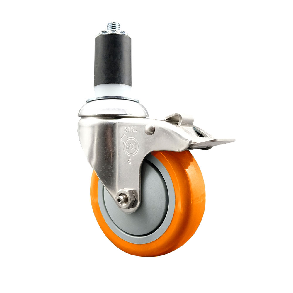 Polyurethane Swivel Stem Caster with 4 in. Orange Caster Wheels & Total Lock Brake, 1.5 in. Expanding Stem - 316 Stainless Steel Caster