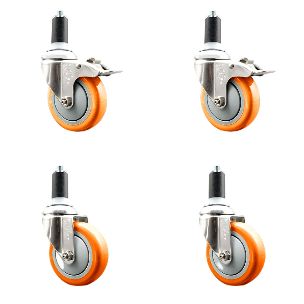 Polyurethane Swivel Stem Caster with 4 in. Orange Caster Wheels, 1.38 in. Expanding Stem - 316 Stainless Steel Casters - Set of 4