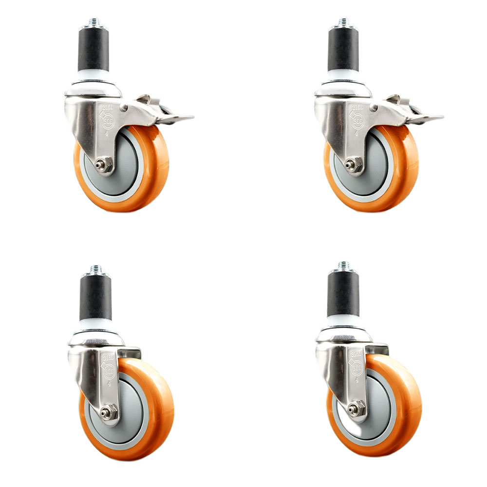 Polyurethane Swivel Stem Caster with 4 in. Orange Caster Wheels, 1.63 in. Expanding Stem - 316 Stainless Steel Casters - Set of 4