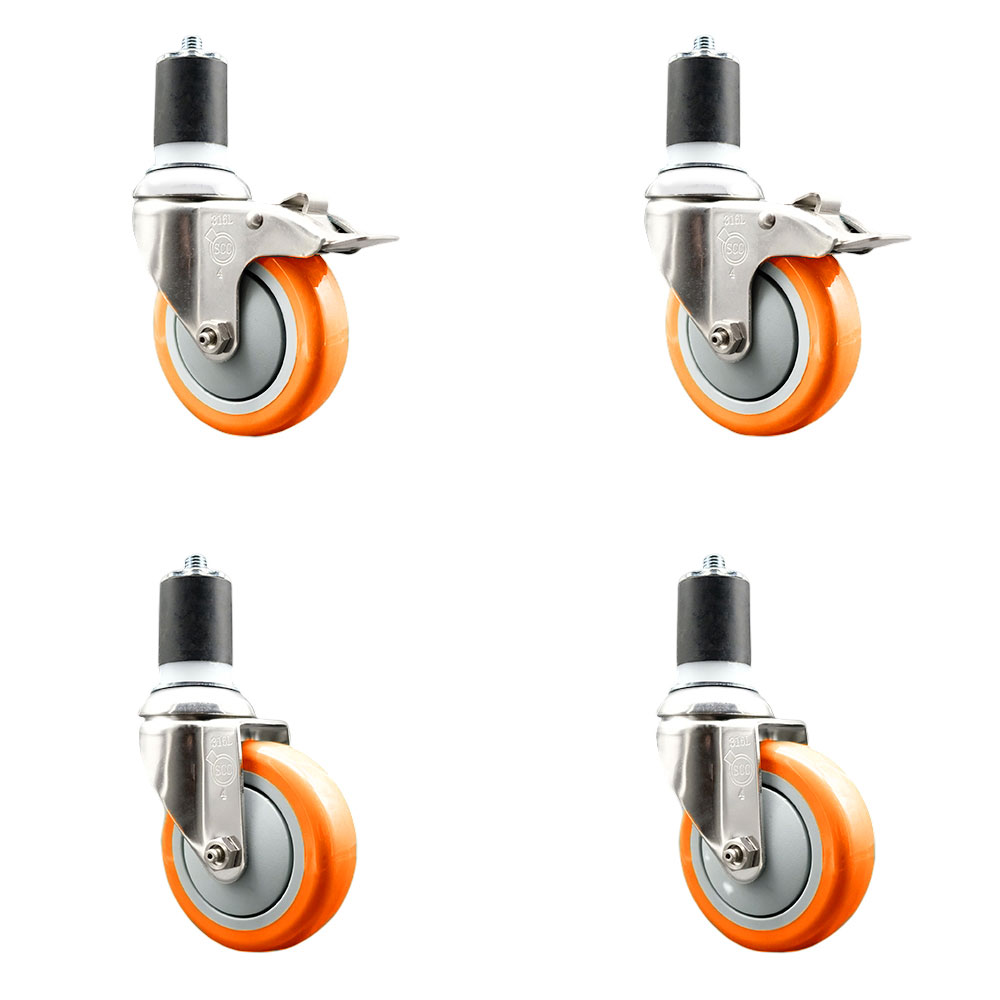 Polyurethane Swivel Stem Caster with 4 in. Orange Caster Wheels, 1.87 in. Expanding Stem - 316 Stainless Steel Casters - Set of 4