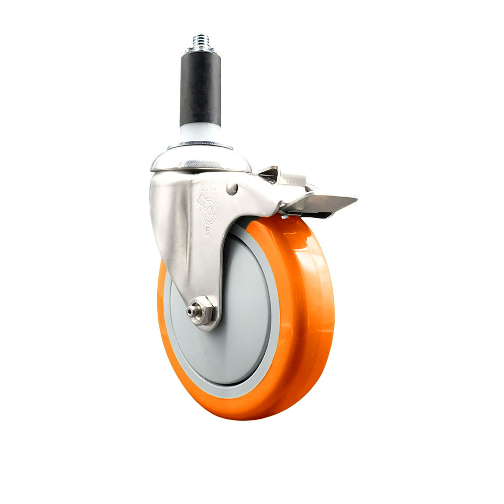 Polyurethane Swivel Stem Caster with 5 in. Orange Caster Wheels & Total Lock Brake, 1.25 in. Expanding Stem - 316 Stainless Steel Caster