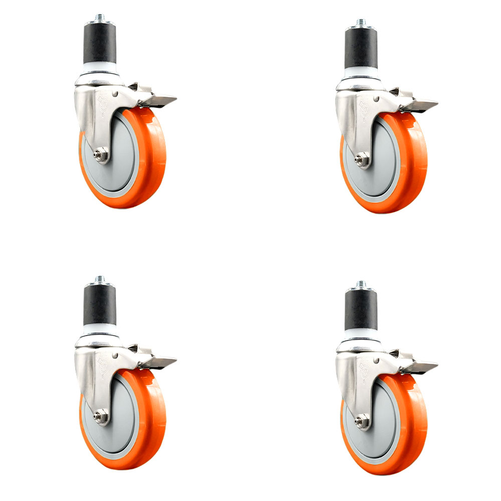 Polyurethane Swivel Stem Caster with 5 in. Orange Caster Wheels, 1.87 in. Expanding Stems - 316 Stainless Steel Casters - Set of 4