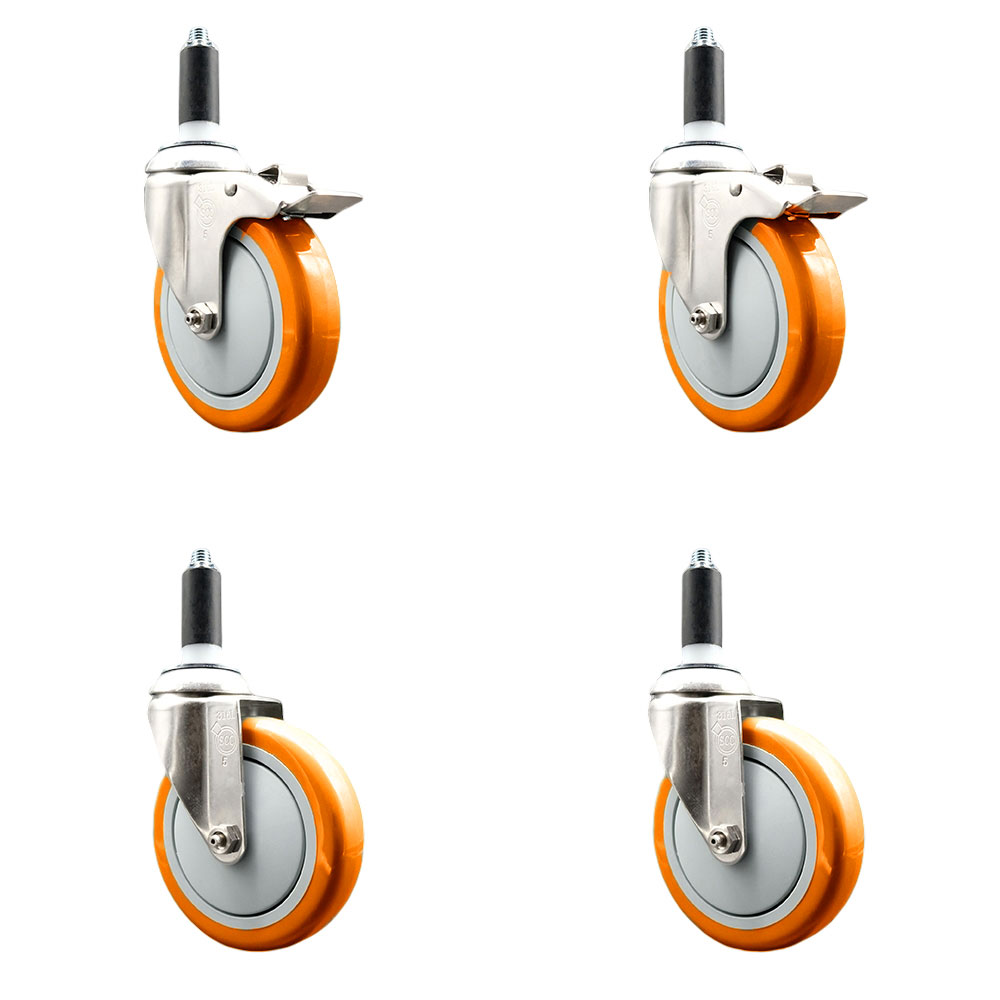 Polyurethane Swivel Stem Caster with 5 in. Orange Caster Wheels, 1.13 in. Expanding Stem - 316 Stainless Steel Casters - Set of 4