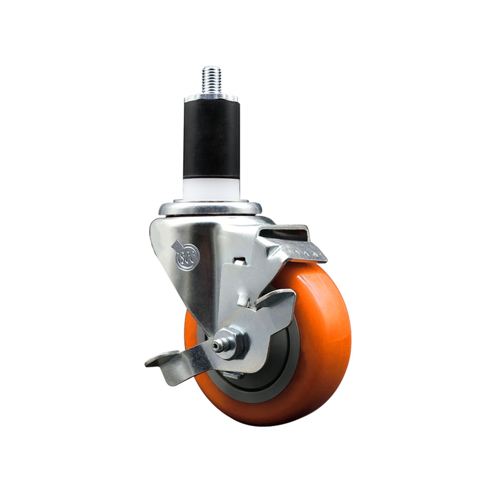 Stainless Steel Polyurethane Expanding Stem Swivel Caster with 3.5 in. Orange Wheel & 1.5 in. Stem & Top Locking Brake